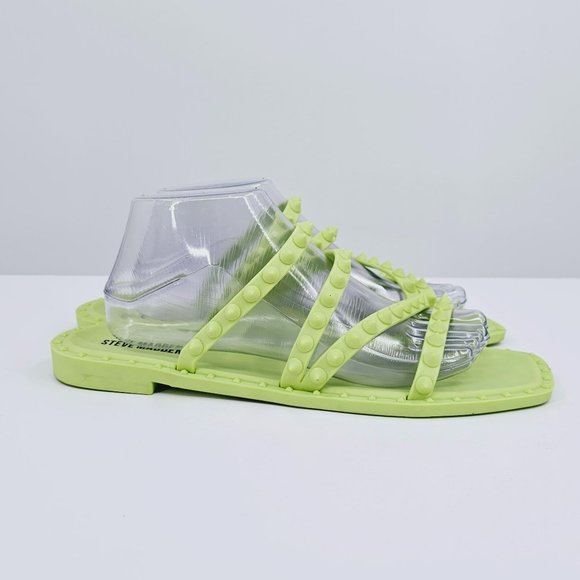 Steve Madden Selina Sandals 10 Lime Green Studded Jelly Square Toe Strappy Flats - Picture 8 of 14